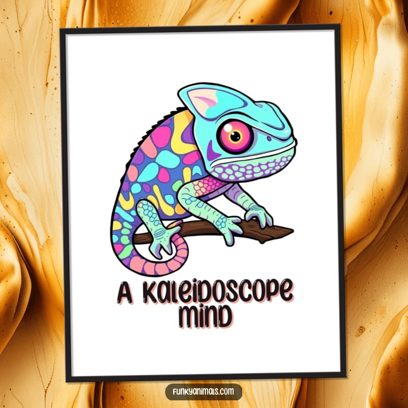 Funny chameleon poster displaying a psychedelic pattern of rapidly changing colors, creating a mesmerizing and artistic visual experience.
