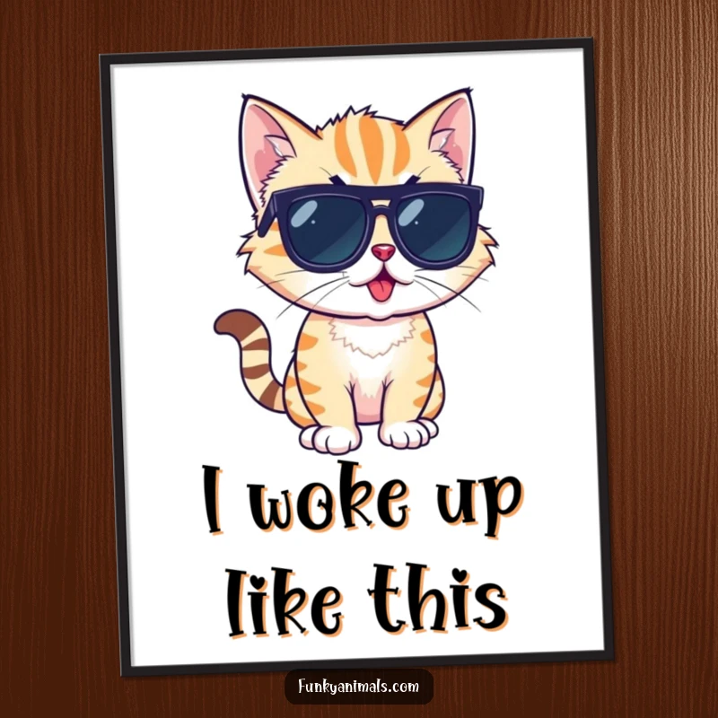 Funny poster art of a cool cat cub wearing sunglasses, striking a dynamic and funky pose.
