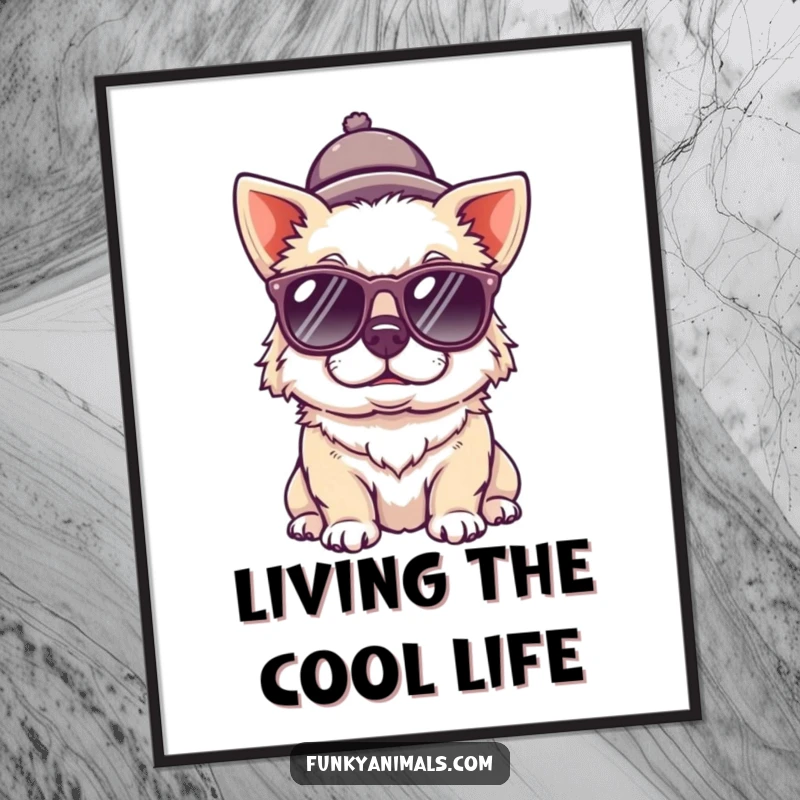 Funny dog poster featuring a quirky dog sporting sunglasses and a tiny hat, adding a humorous and stylish touch to any wall.