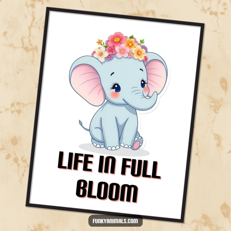 Funny Elephant Poster print of a happy elephant wearing a flower crown and twirling with immense delight.