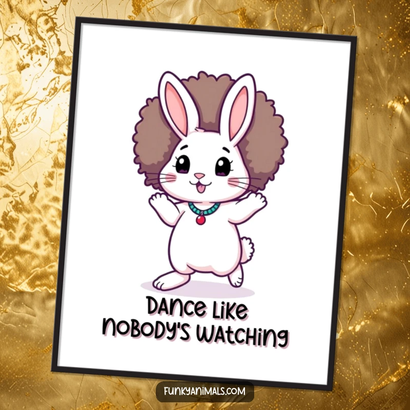 Funny Funky Rabbit Poster: A rabbit with a spectacular afro wig is captured mid-moonwalk, radiating 70s disco vibes.