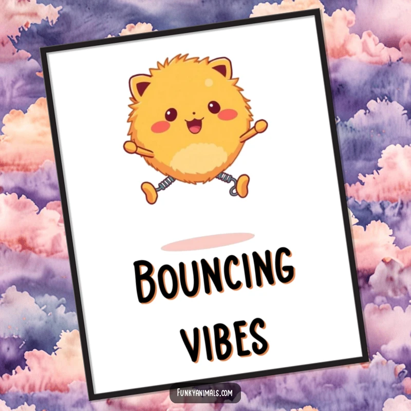 Funny fuzzy orange creature poster art, creature with spring legs bouncing energetically, full of life.