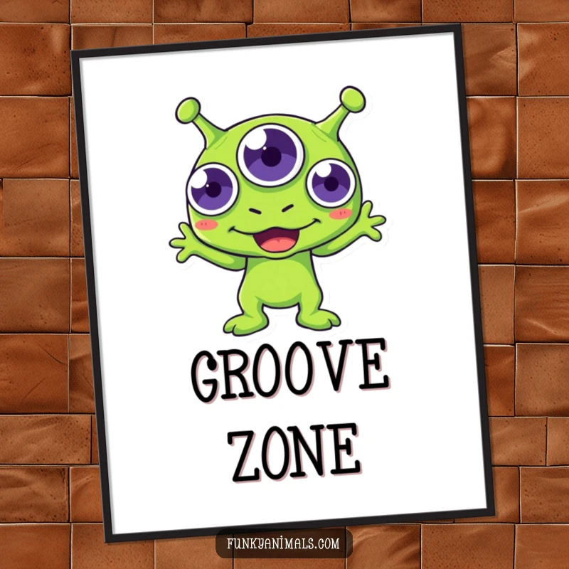 Funny green alien poster art, three-eyed creature captured mid-boogie with boundless, infectious energy.