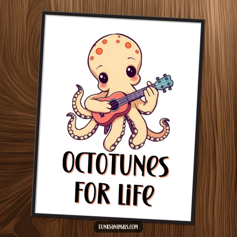 Funny groovy octopus poster, playing a miniature ukulele with one tentacle strumming, creating a visual symphony for music lovers.