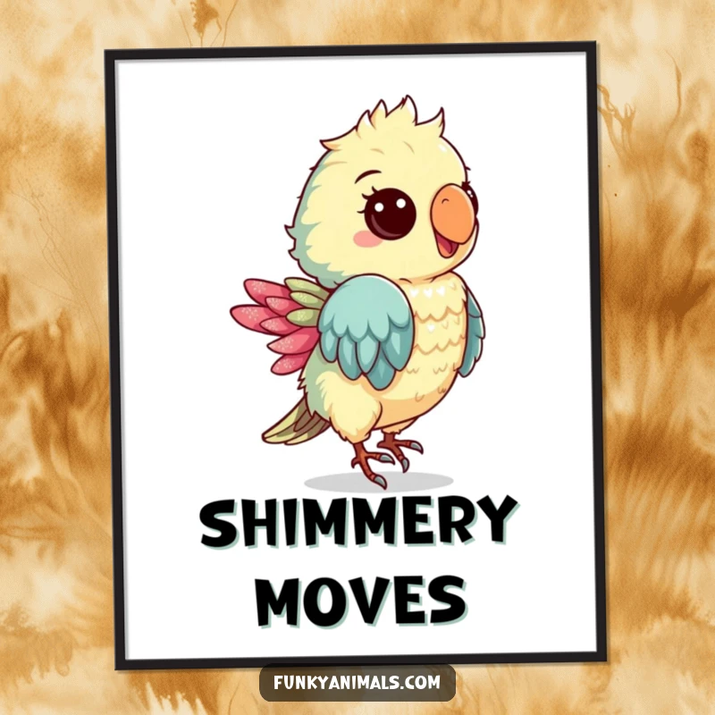 Funny poster of a groovy parrot cub dancing, featuring a shimmery feather and radiating tropical party vibes for wall decor.