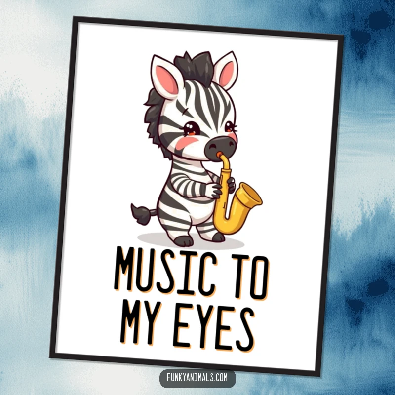 Funny poster art of a jazzy zebra cub playing a saxophone with passion, flair, and musical expression.