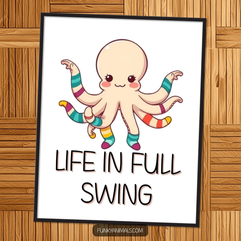 Funny octopus dancing with colorful, mismatched socks on each tentacle, vibrant and humorous wall art.