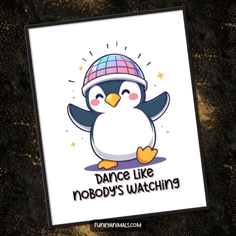 Funny penguin with a spinning disco ball helmet, captured mid-dance, bringing vibrant, humorous energy to wall art.