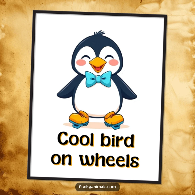 Funny goofy penguin wearing roller skates and a bright bow tie on this wall poster, a delightful and humorous art print.