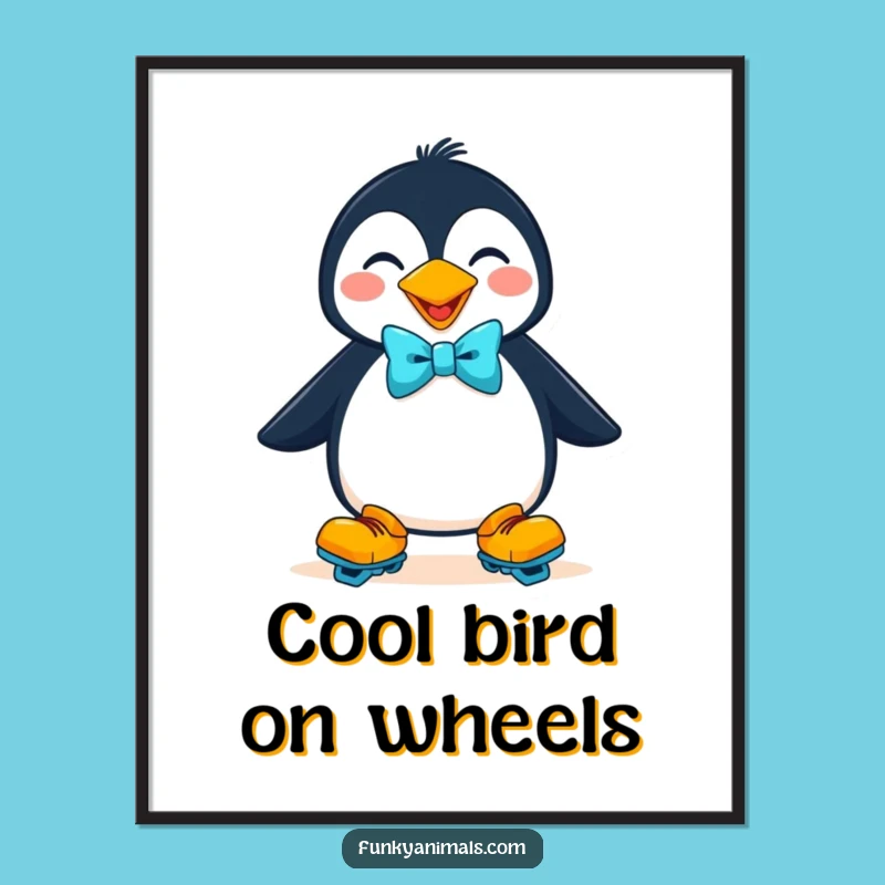 Funny Penguin Roller Skater Poster, Whimsical Wall Art Gift