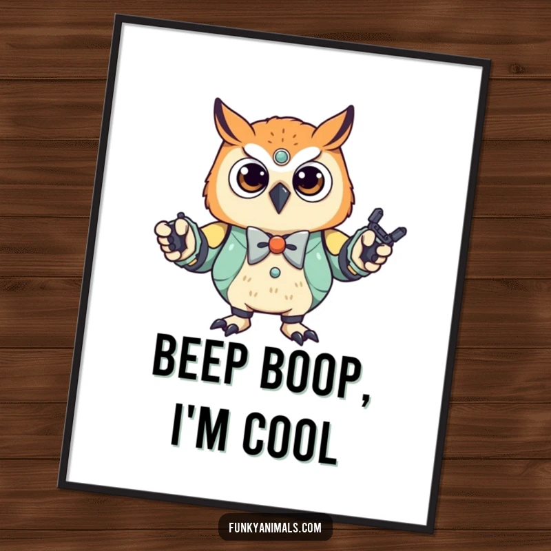 Funny Robot Owl Cub Poster: A stylish owl cub wearing a bowtie, executing a perfect robot dance, adding a dynamic and humorous visual element.