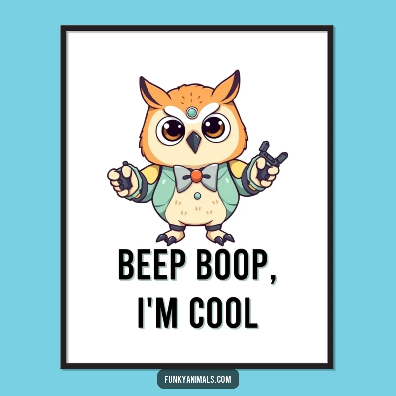 Funny Robot Owl Cub Poster - Stylish Bowtie Dancer, Quirky Wall Art Gift