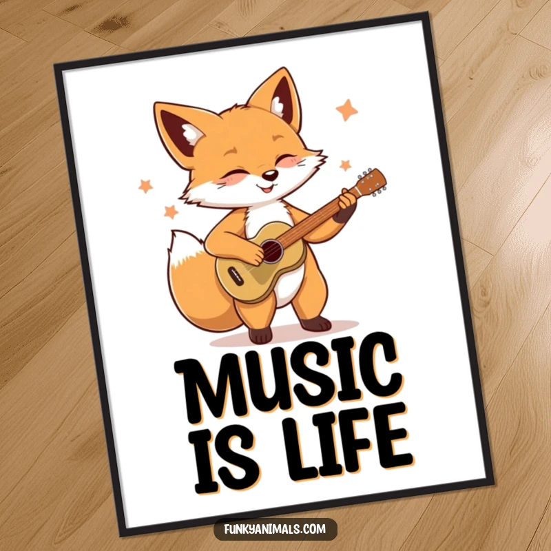Funny Soulful Fox Poster: A fox is depicted mid-strum on its guitar, radiating a deep connection to its music.