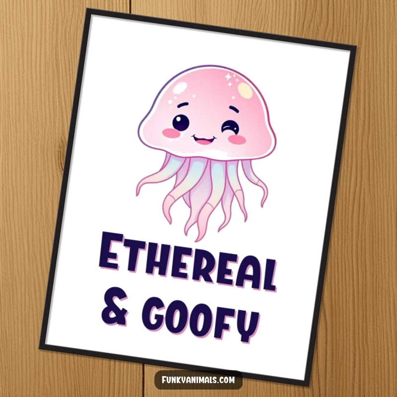 Funny sparkling jellyfish poster showing a creature with a goofy, lopsided grin, floating in an imaginative, colorful underwater setting.