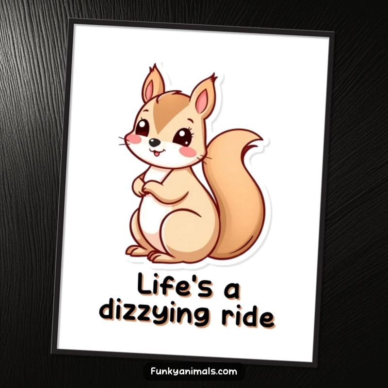 Funny squirrel with a rapidly spinning spiral tail, capturing motion and playful energy, vibrant humorous wall art.