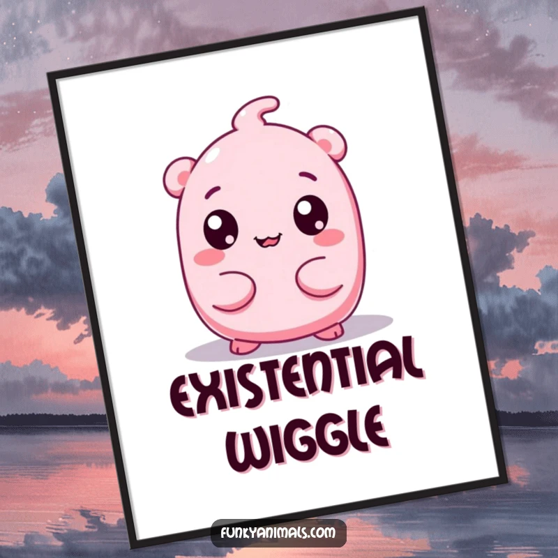 Funny poster art of a pink, squishy creature with large googly eyes wiggling its body, creating a joyful and humorous visual.