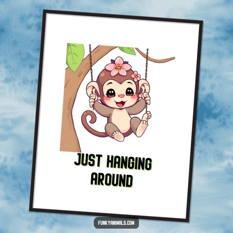 Funny Swinging Monkey Cub Poster: A happy monkey cub in mid-swing, a beautiful flower adorning its head, creating a lively and humorous visual.