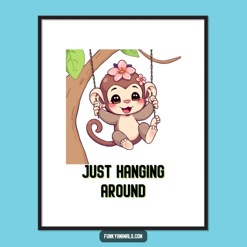 Funny Swinging Monkey Cub Poster - Flower Hair Charm, Quirky Wall Art Gift