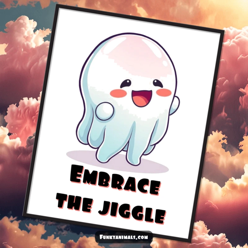 Funny poster of a wobbly, gelatinous creature doing a rhythmic wobble, adding a touch of playful, jiggly art.