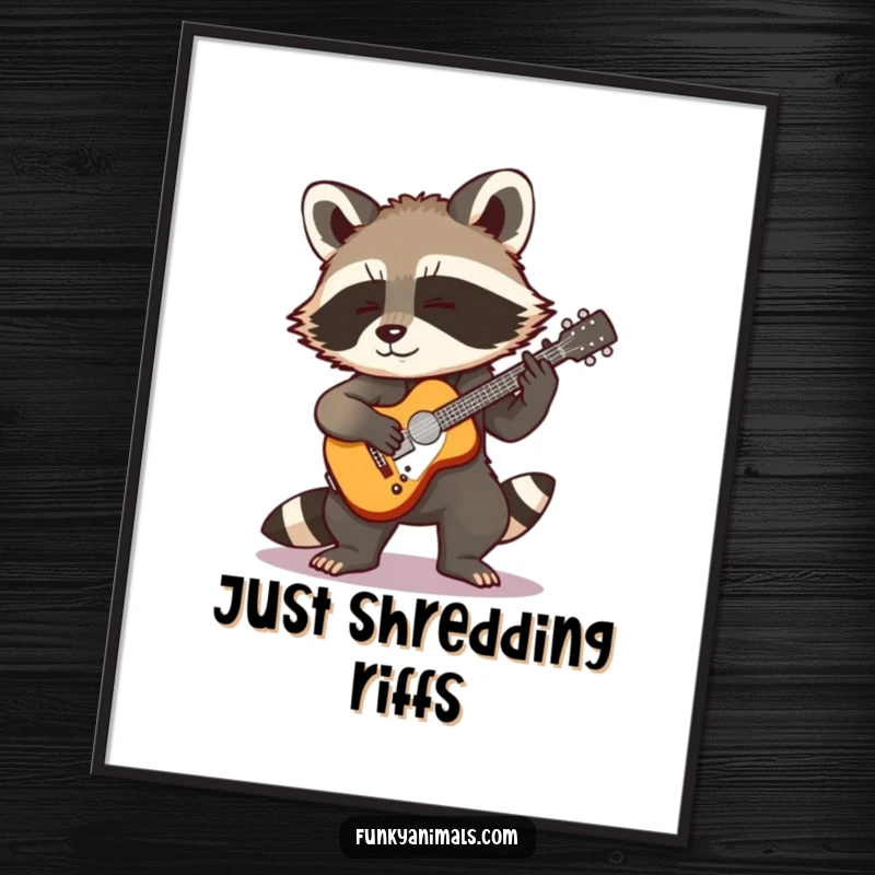 Funny Rocking Raccoon Poster: A cool raccoon cub passionately playing a tiny guitar, capturing the essence of a thrilling rock performance.