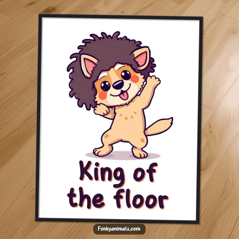 Funny dog wearing an afro wig, breakdancing with energetic moves, presented as a decorative poster.