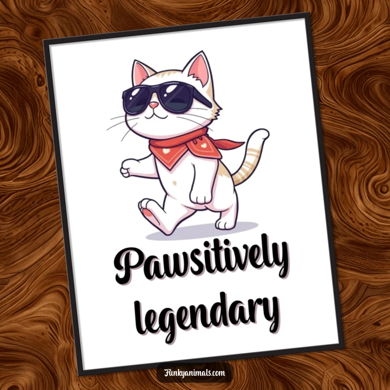 Funny cat poster of a cool cat wearing sunglasses and a bandana, performing a moonwalk on four paws, adding retro fun.