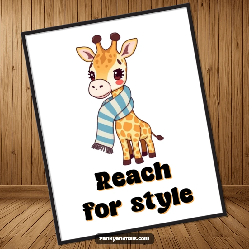 Funny giraffe poster featuring a giraffe wearing a ridiculously long, striped scarf, adding a touch of whimsy and charm.