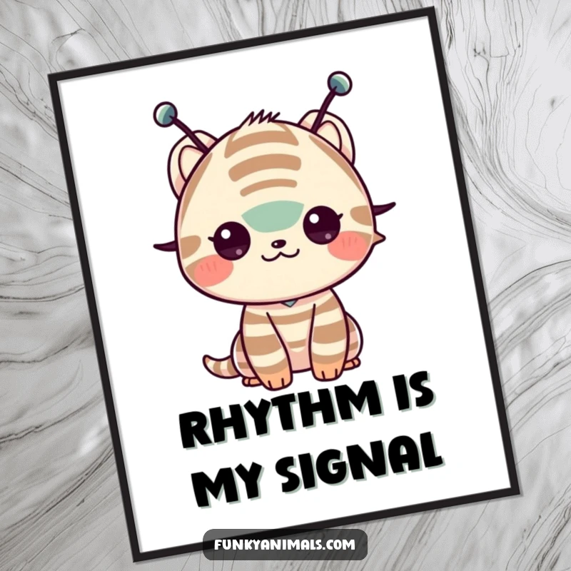 Funny poster of a striped creature with antennae shimming its shoulders, a visually rhythmic and humorous piece of art.