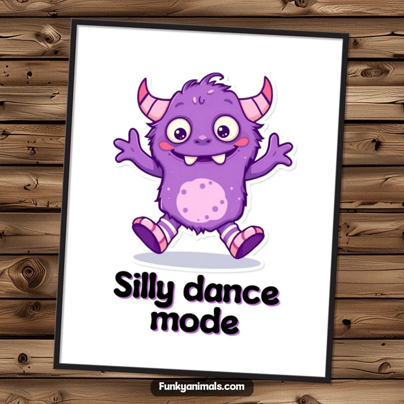 Funny purple monster poster art, creature with mismatched socks performing an energetic and silly dance.