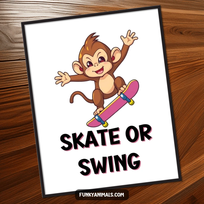 Funny poster illustrating a mischievous monkey performing a daring skateboard trick mid-air, conveying excitement and playful energy for wall decor.
