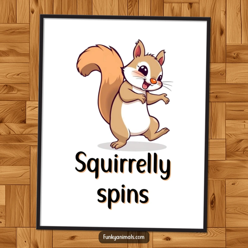 Funny squirrel breakdancing and spinning on its tail, looking groovy, depicted vibrantly in this poster.