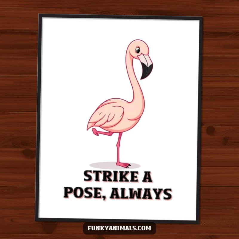 Funny flamboyant flamingo striking a comical one-legged pose, exuding playful elegance, vibrant humorous wall art.