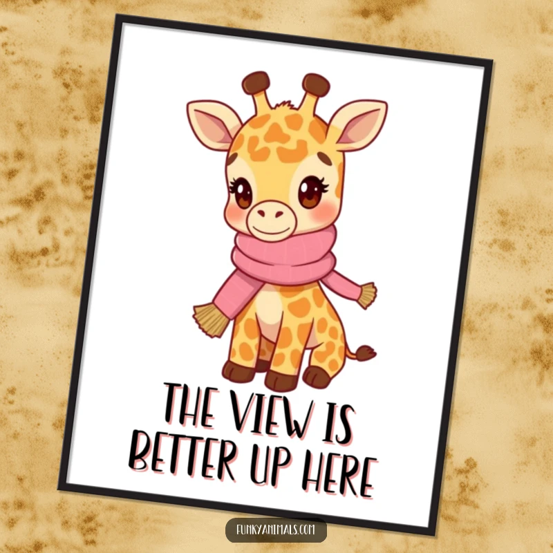 Funny poster art of a hip giraffe cub wearing a knitted scarf, head bobbing with a cool demeanor.