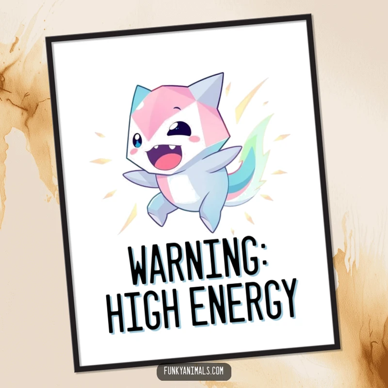 Funny Geometric Creature Poster featuring a spinning, glowing geometric being with edges alight, radiating excitement.