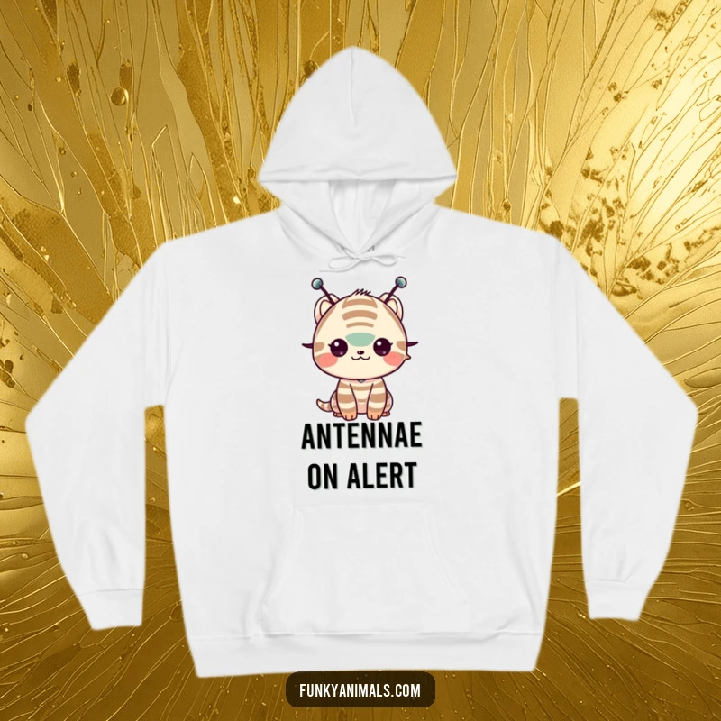 Funny hoodie featuring a striped, antenna-sporting creature shimming its shoulders, perfect for cozy and humorous wear.