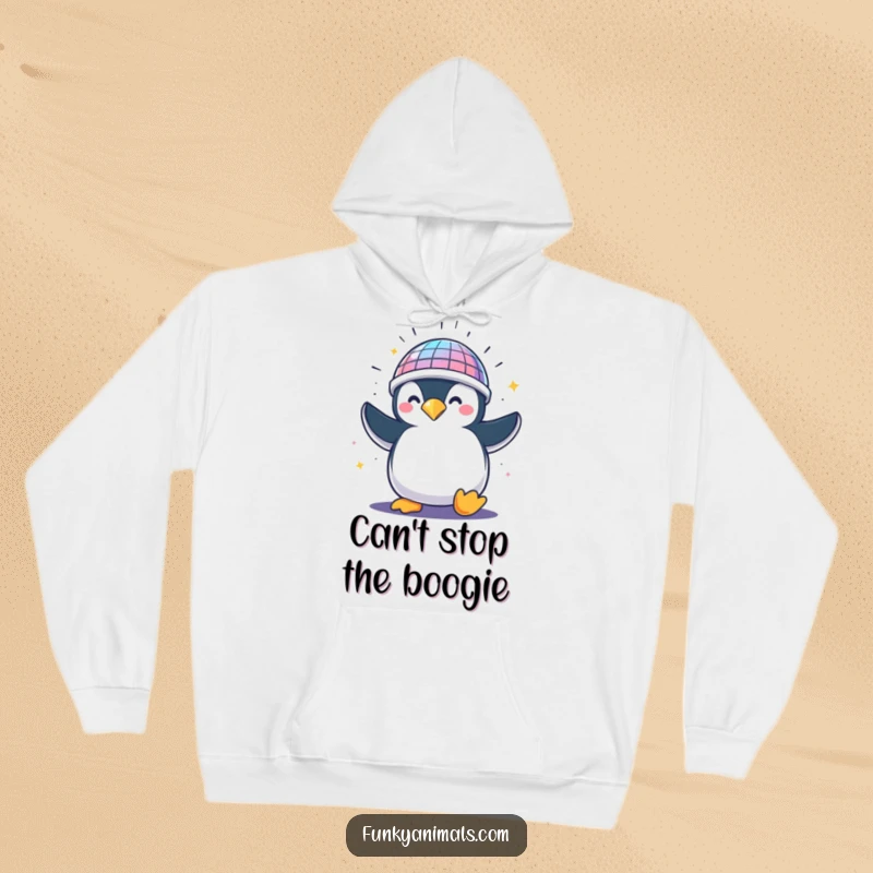 Funny penguin sporting a disco ball helmet, mid-spin, radiating energetic party vibes, ideal for cozy humor.