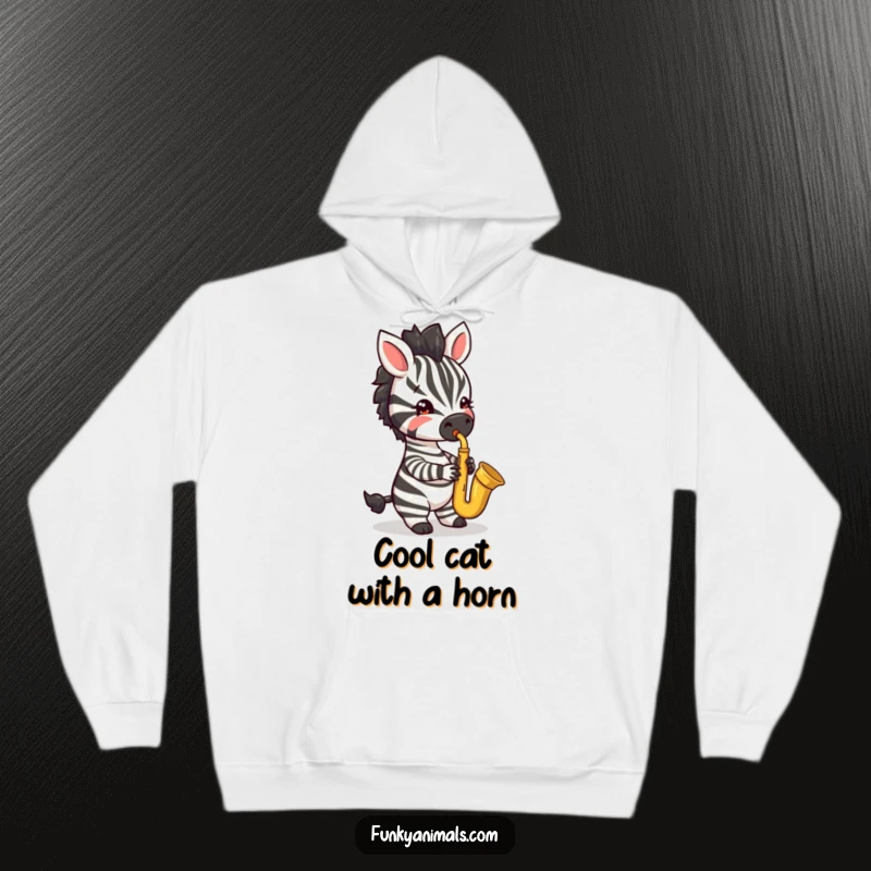 Funny hoodie featuring a jazzy zebra cub playing a saxophone, radiating smooth and cool jazz energy.
