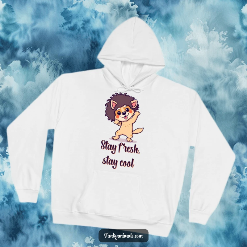 Funny dog wearing an afro wig, breakdancing with energetic moves, depicted on a cozy hoodie.