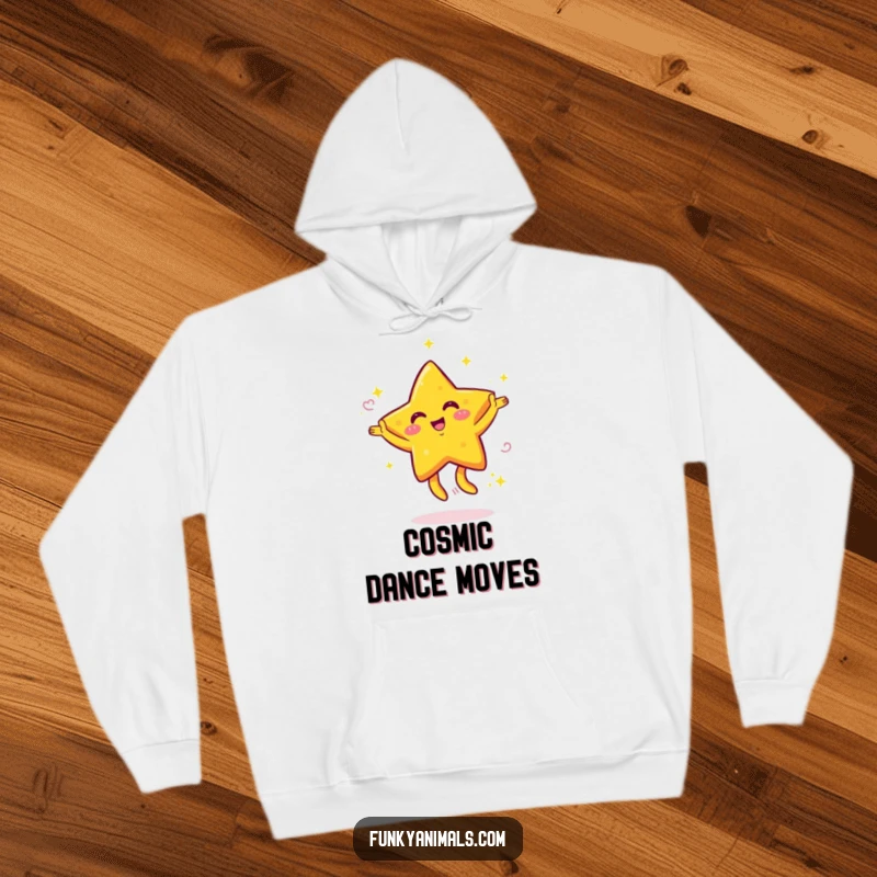 Funny hoodie with a bright yellow star character with swirling arms dancing energetically, offering warmth and a dose of cosmic fun.