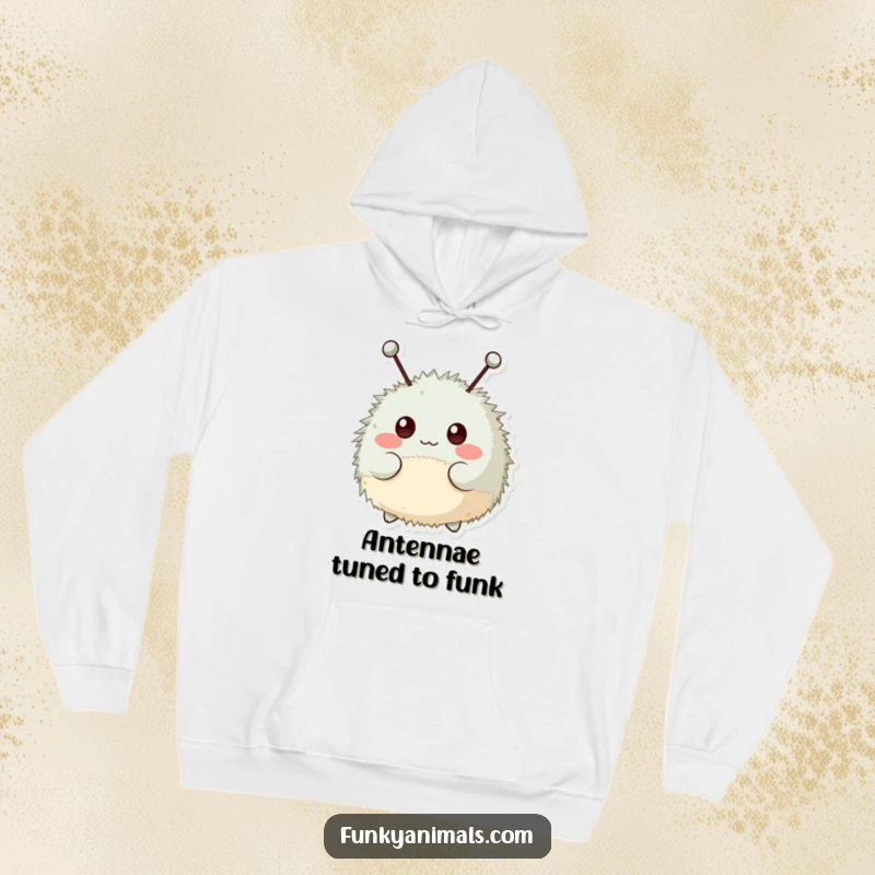 Funny hoodie featuring a fuzzy, round creature with antennae, bopping rhythmically, designed for ultimate comfort.
