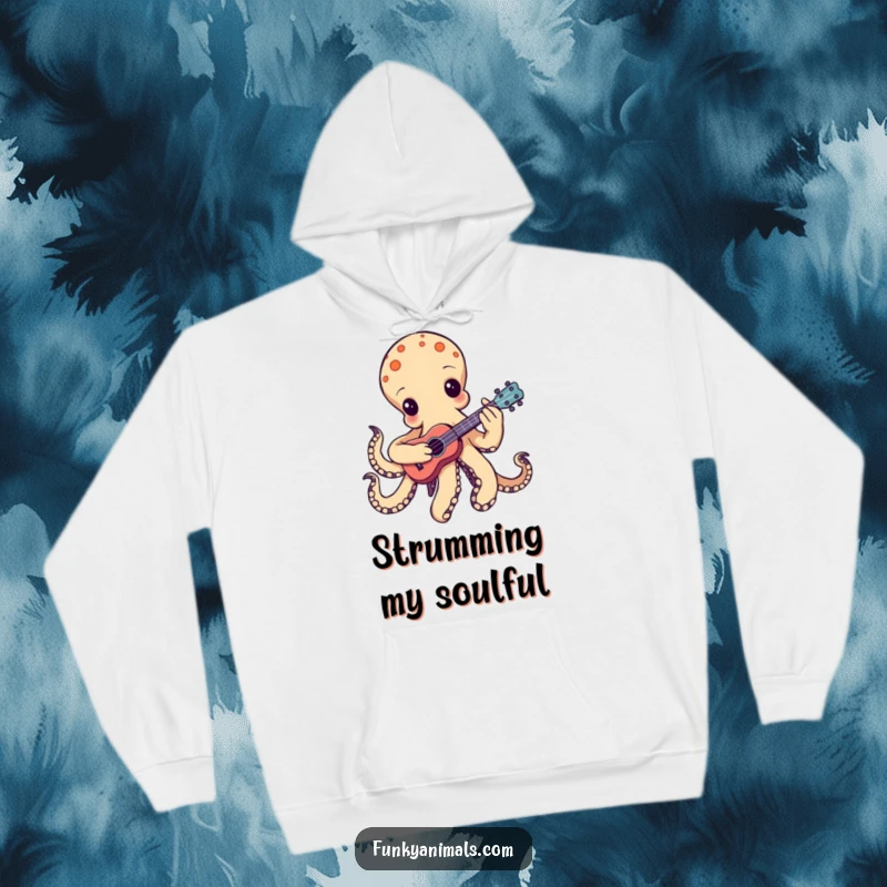 Funny groovy octopus hoodie, depicted playing a tiny ukulele with one tentacle strumming, embodying a laid-back musical performance.