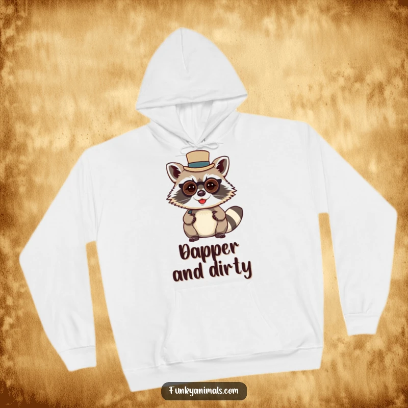 Funny raccoon gentleman hoodie, featuring a mischievous raccoon wearing a tiny top hat and monocle, perfect for warm layers.