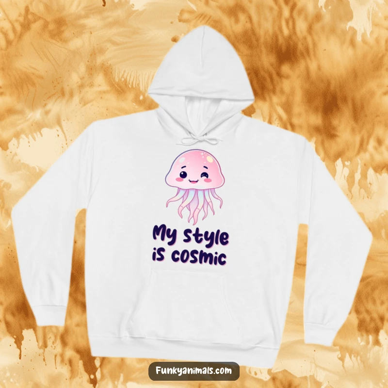 Funny sparkling jellyfish hoodie featuring a character with a goofy, lopsided grin, floating serenely, embodying pure underwater silliness.