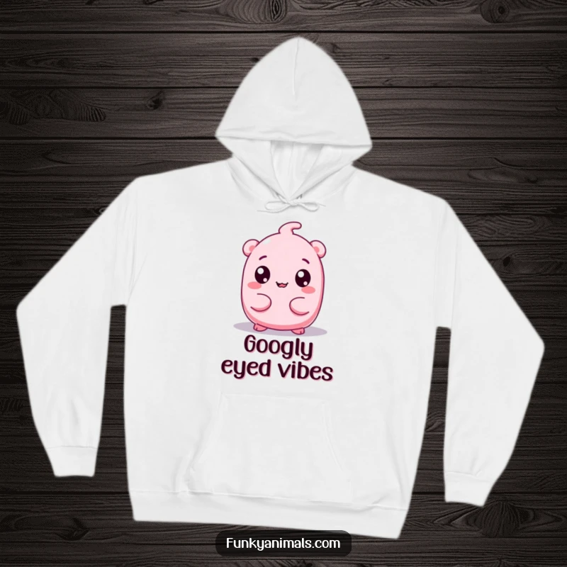Funny, cozy hoodie depicting a pink, squishy creature with googly eyes wiggling its body, perfect for comfortable, humorous wear.