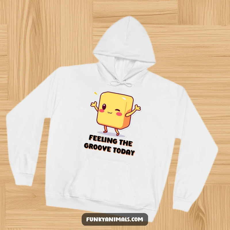 Funny hoodie featuring a colorful square block character doing a lively shimmy, perfect for cozy, joyful relaxation.