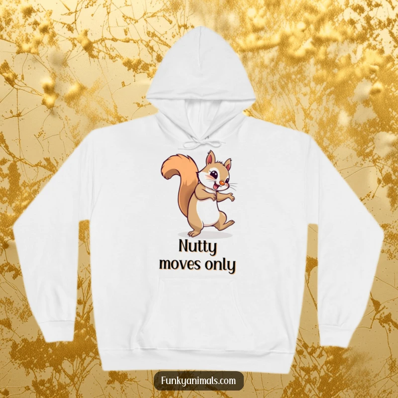 Funny squirrel breakdancing and spinning on its tail, looking groovy, featured on this warm hoodie.