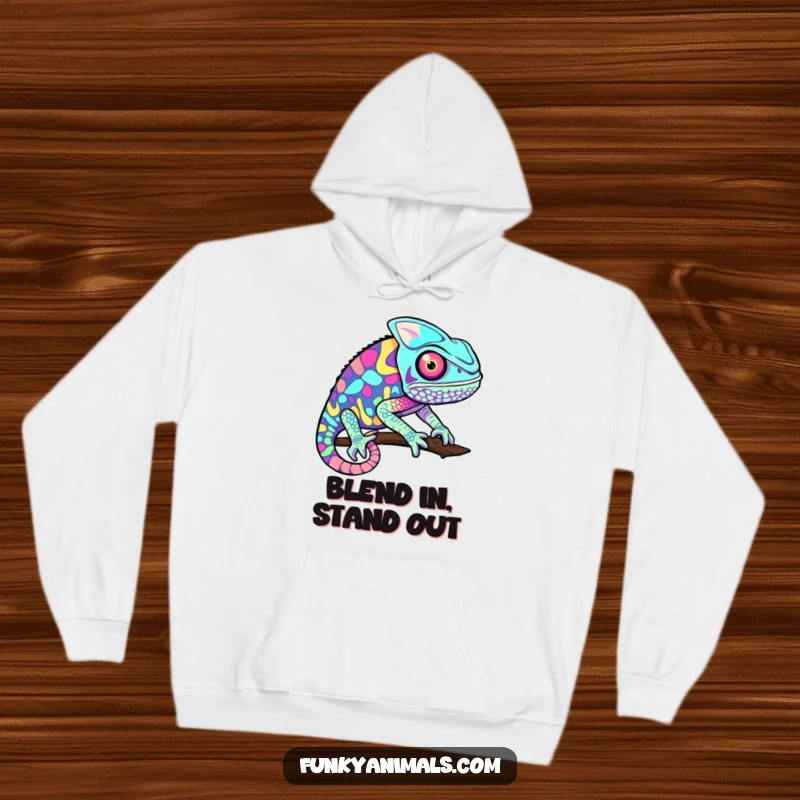 Funny chameleon hoodie showcasing a psychedelic pattern with rapidly changing colors, providing warmth and a visually stunning design.