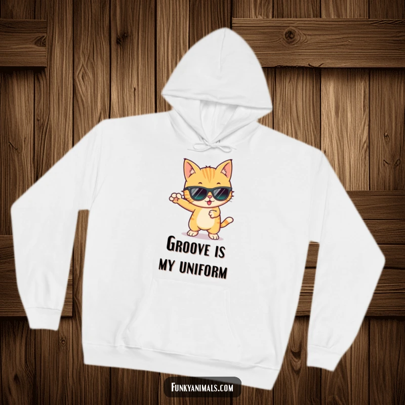 Funny cool cat in sunglasses, performing a funky dance move in this warm and groovy hoodie design.