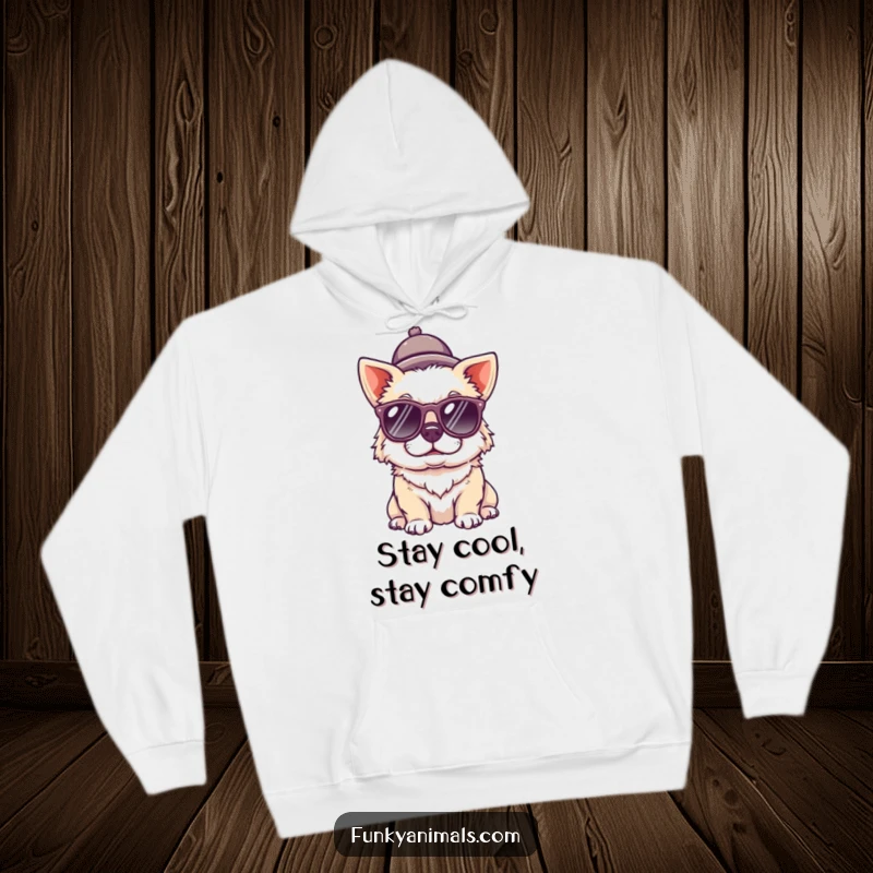 Funny dog hoodie featuring a quirky canine sporting sunglasses and a tiny hat, offering warmth and a splash of playful attitude.