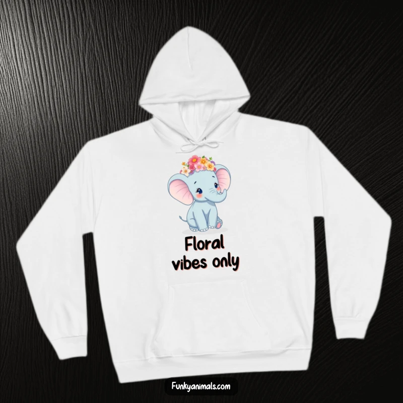 Funny Elephant Hoodie featuring a joyful elephant in a vibrant flower crown, happily twirling around.